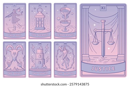 A beautiful set of tarot card vectors in pink and purple. Line style illustration in navy. The Fool, Hermit, Justice, Temperance, Tower, World, Devil.