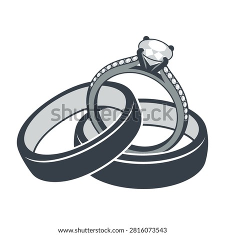 A beautiful set of three interlocking wedding rings featuring a diamond engagement ring and two plain gold bands, symbolizing eternal love, marriage, and commitment.