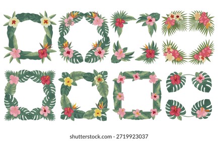Ein schönes Set von tropischen Blumenrahmen mit Hibiskus und tropischen Blättern. Ideal für Einladungen, Grußkarten, Schreibwaren und naturinspirierte Designs.
