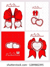 Beautiful set of Valentine's Day greeting cards. Red bow, ribbon, vintage chain, hearts from laces on a white and red background. Vector isolated elements. Hand drawing. For your loved ones.