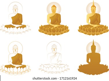 The beautiful set of various Lord of Buddha statue sculpture Enlightenment mediating sitting on lotus flower in color of golden line and stoke on white background for Buddhist holiday retro style