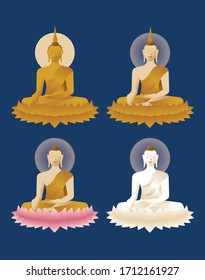 The beautiful set of various Lord of Buddha statue sculpture Enlightenment mediating sitting on lotus flower in color of golden beige and white on dark blue background for Buddhist holiday retro style