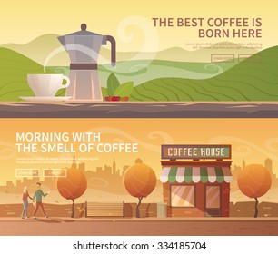 Beautiful set of vector banners for your projects. Coffee, coffee drinks, coffee cultivation. Mountains. City, cityscape, landscape. Couple, a date. Evening. Cafe, coffee shop. Flat design.