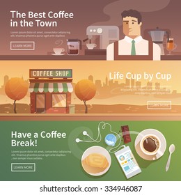 Beautiful set of vector banners for your projects. Coffee, coffee drinks.City, cityscape, landscape. Couple, a date. Evening. Cafe, coffee shop. Coffee house. Barista. Flat design.