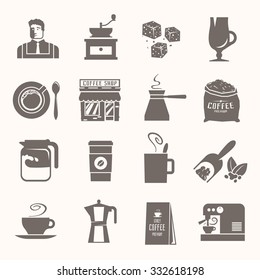 Beautiful set of vector black icons for your projects. Coffee, cafes, coffee shops, drinks, coffee, Barista. The consumption of coffee. Breakfast.