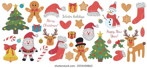 Beautiful set of vector Christmas illustrations on white background. Hand drawn flat colored icon. Reindeer, santa claus, gingerbread cookies, christmas tree, stocking, glove, candy cane, jingle bells