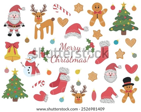 Beautiful set of vector Christmas illustrations on white background. Hand drawn flat colored icon. Reindeer, santa claus, gingerbread cookies, christmas tree, stocking, glove, candy cane, jingle bells