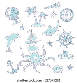 Beautiful set of vector elements on the theme of the sea