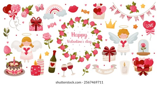 Beautiful set of vector elements for Valentine's Day. Kit of love icons. Isolated elements on a white background. Angels, rose, gift box, cupcake, hearts, balloons, wine, rainbow, garland, love letter