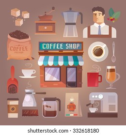 Beautiful set of vector flat icons for your projects. Coffee, cafes, coffee shops, types of beverages. Italian coffee. Barista. The consumption of coffee. Breakfast. #1