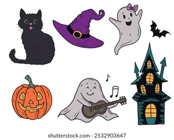 Beautiful set of vector Halloween icons with turquoise and purple hat, pumplin, carved jack lanter, and horror spook. Hand drawn vector sketch illustration in doodle engraved vintage style