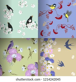Beautiful set of vector illustrations with realistic flowers and birds. For decorating textiles, packaging and wallpaper.