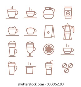 Beautiful set of vector line icons for your projects. Coffee, cafes, coffee shops, types of beverages. Italian coffee. The consumption of coffee. Breakfast. 