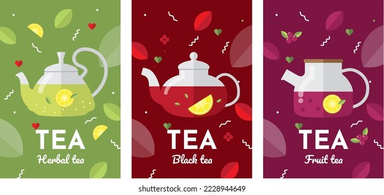 Beautiful set of vector posters for your projects. Isolated tea elements and patterns. Simple minimalistic flat design style. Different types of tea in teapots. Breakfast.