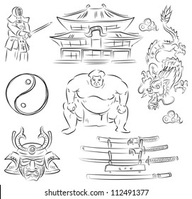 Beautiful Set of vector sketches of symbols of Japanese culture