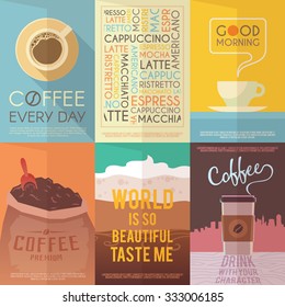 Beautiful set of vector vintage posters for your projects. Coffee, cafes, coffee shops, types of beverages. Italian coffee. The consumption of coffee. Breakfast. 