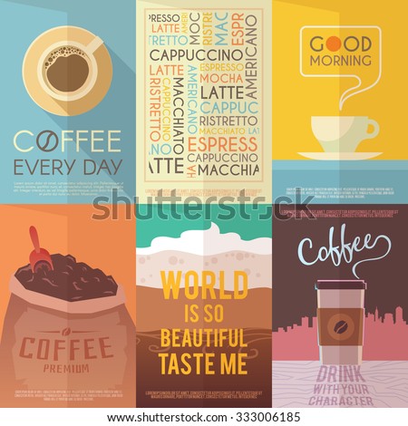 Beautiful set of vector vintage posters for your projects. Coffee, cafes, coffee shops, types of beverages. Italian coffee. The consumption of coffee. Breakfast. 