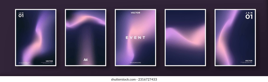 Beautiful Set of Vibrant A4 Artworks. Borealis gradient concepts in purple and blues. Minimalist decorative art. Perfect for prints, banners, landing pages, web, templates, background. Vector. 