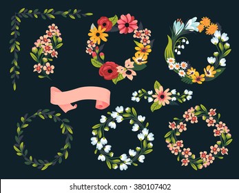 Beautiful set of vintage retro floral ornamental elements. Cute decorative ribbon, floral frames, borders with blossom, rose, aster, dandelion, bellflower, camomile. Scrapbooking, postcard items