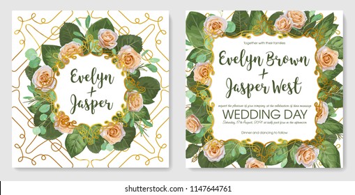 Beautiful set of vintage vector wedding invitation, greeting card, banner, border, save date. Cream pastel roses with leaves and twigs of green eucalyptus with golden curled frame.