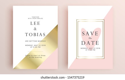 Beautiful set of wedding card templates. Gold collection of geometrical polyhedron, art deco style for wedding invitation, luxury templates, decorative patterns.