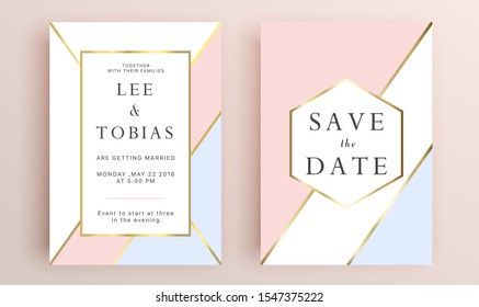 Beautiful set of wedding card templates. Gold collection of geometrical polyhedron, art deco style for wedding invitation, luxury templates, decorative patterns.