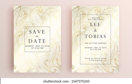 Beautiful set of wedding card templates. Gold collection of geometrical polyhedron, art deco style for wedding invitation, luxury templates, decorative patterns.