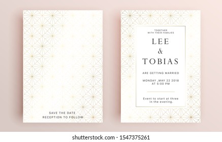 Beautiful set of wedding card templates. Gold collection of geometrical polyhedron, art deco style for wedding invitation, luxury templates, decorative patterns.