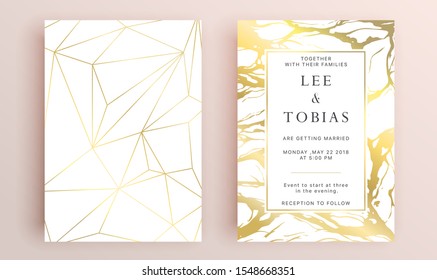 Beautiful set of wedding card templates. Gold collection of geometrical polyhedron, art deco style for wedding invitation, luxury templates, decorative patterns.