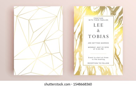 Beautiful set of wedding card templates. Gold collection of geometrical polyhedron, art deco style for wedding invitation, luxury templates, decorative patterns.