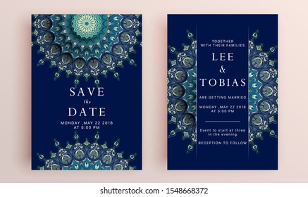 Schöner Satz von Hochzeitskarten-Vorlagen. Goldene Kollektion von geometrischem Polyeder, Art-Deco-Stil für Hochzeitseinladungen, luxuriöse Vorlagen, dekorative Muster.