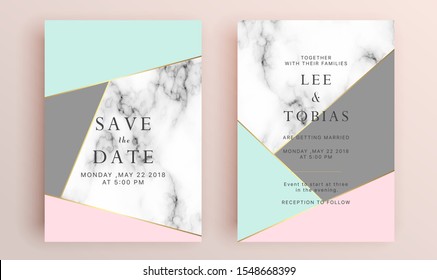 Beautiful set of wedding card templates. Gold collection of geometrical polyhedron, art deco style for wedding invitation, luxury templates, decorative patterns.