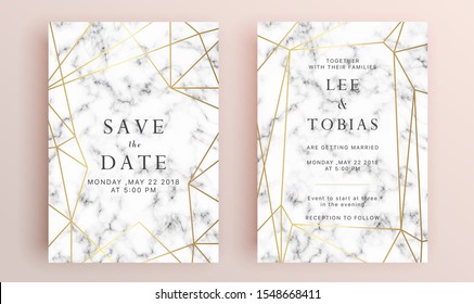 Beautiful set of wedding card templates. Gold collection of geometrical polyhedron, art deco style for wedding invitation, luxury templates, decorative patterns.