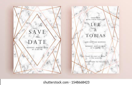 Beautiful set of wedding card templates. Gold collection of geometrical polyhedron, art deco style for wedding invitation, luxury templates, decorative patterns.