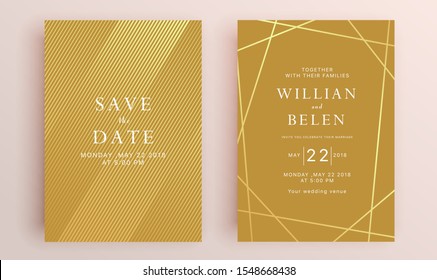 Beautiful set of wedding card templates. Gold collection of geometrical polyhedron, art deco style for wedding invitation, luxury templates, decorative patterns.