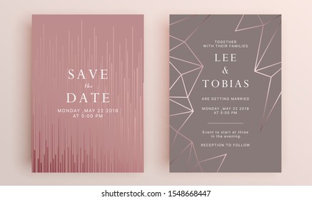 Beautiful set of wedding card templates. Gold collection of geometrical polyhedron, art deco style for wedding invitation, luxury templates, decorative patterns.