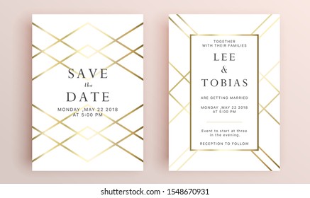 Beautiful set of wedding card templates. Gold collection of geometrical polyhedron, art deco style for wedding invitation, luxury templates, decorative patterns.