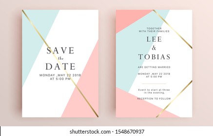 Beautiful set of wedding card templates. Gold collection of geometrical polyhedron, art deco style for wedding invitation, luxury templates, decorative patterns.