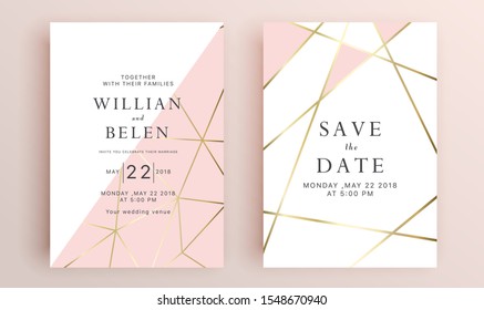 Beautiful set of wedding card templates. Gold collection of geometrical polyhedron, art deco style for wedding invitation, luxury templates, decorative patterns.