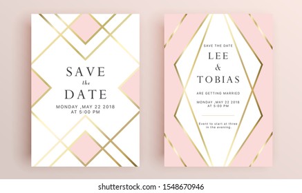 Beautiful set of wedding card templates. Gold collection of geometrical polyhedron, art deco style for wedding invitation, luxury templates, decorative patterns.