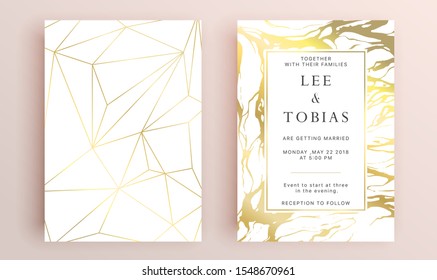 Beautiful set of wedding card templates. Gold collection of geometrical polyhedron, art deco style for wedding invitation, luxury templates, decorative patterns.