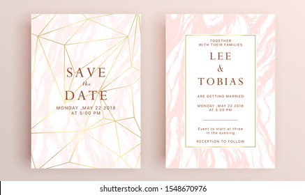 Beautiful set of wedding card templates. Gold collection of geometrical polyhedron, art deco style for wedding invitation, luxury templates, decorative patterns.