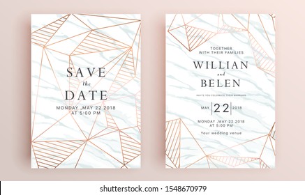 Beautiful set of wedding card templates. Gold collection of geometrical polyhedron, art deco style for wedding invitation, luxury templates, decorative patterns.