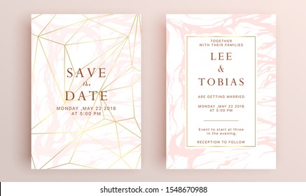 Beautiful set of wedding card templates. Gold collection of geometrical polyhedron, art deco style for wedding invitation, luxury templates, decorative patterns.