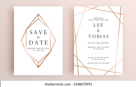 Bonito conjunto de plantillas de tarjetas de boda. Colección de oro de poliedro geométrico, estilo art deco para la invitación a la boda, plantillas de lujo, patrones decorativos.