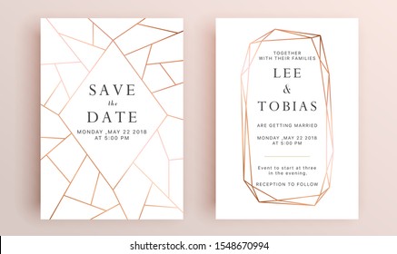 Beautiful set of wedding card templates. Gold collection of geometrical polyhedron, art deco style for wedding invitation, luxury templates, decorative patterns.