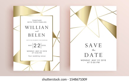 Beautiful set of wedding card templates. Gold collection of geometrical polyhedron, art deco style for wedding invitation, luxury templates, decorative patterns.