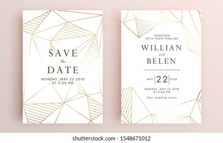Beautiful set of wedding card templates. Gold collection of geometrical polyhedron, art deco style for wedding invitation, luxury templates, decorative patterns.