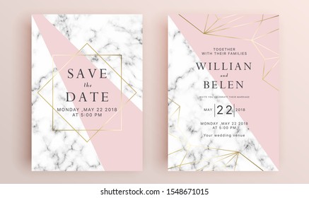 Beautiful set of wedding card templates. Gold collection of geometrical polyhedron, art deco style for wedding invitation, luxury templates, decorative patterns.