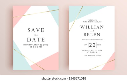 Beautiful set of wedding card templates. Gold collection of geometrical polyhedron, art deco style for wedding invitation, luxury templates, decorative patterns.